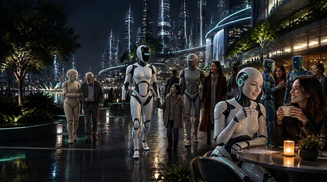 Concept illustration of humanoids and people living together in a city at night